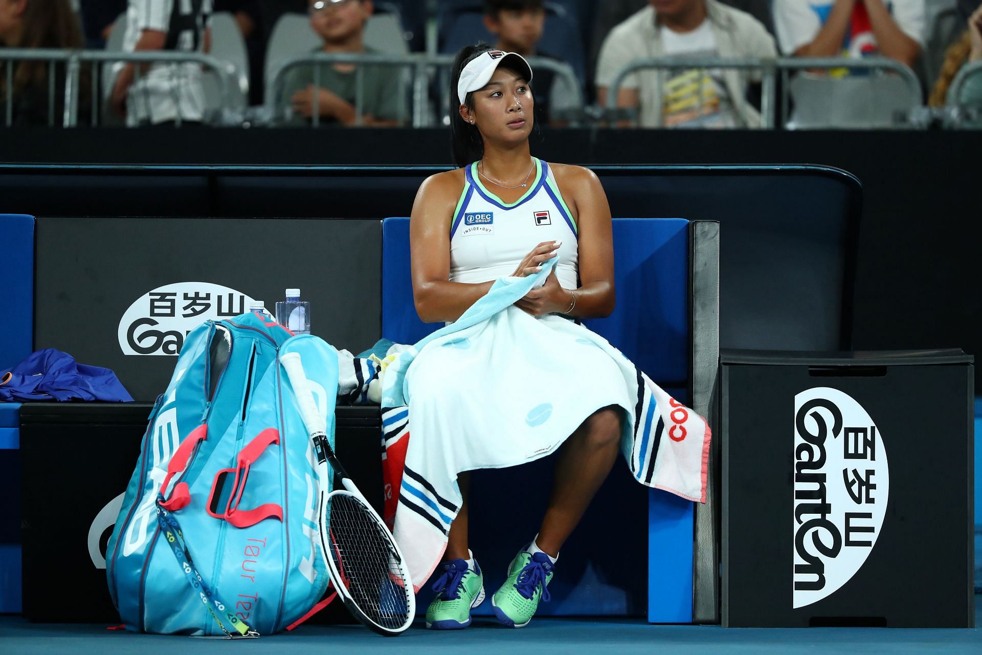 Priscilla Hon during a changeover at the 2020 Australian Open