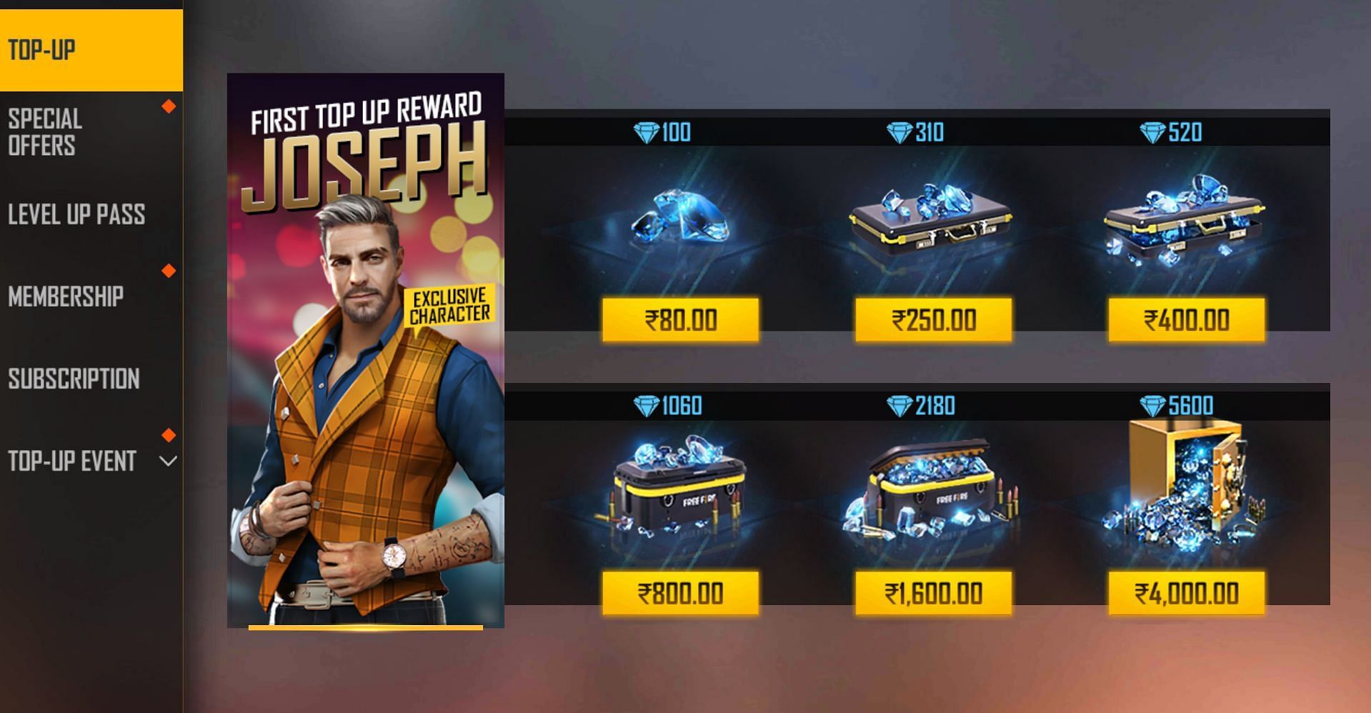 The top up options and corresponding cost (Image via Garena)