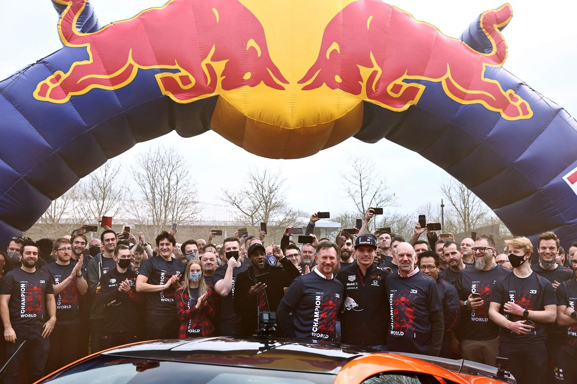 F1 world champion Max Verstappen celebrates at Red Bull Racing Factory