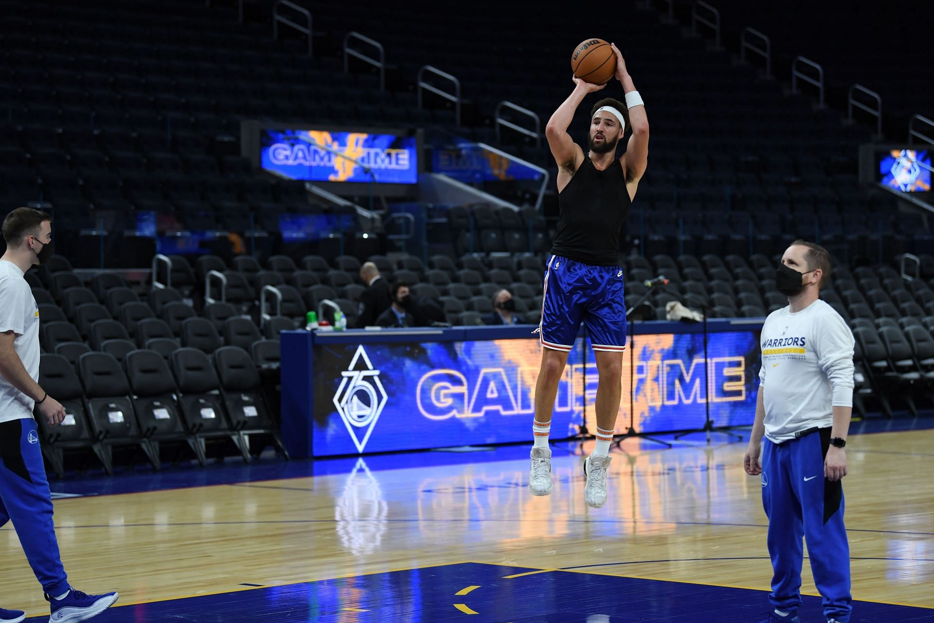 Klay Thompson warms up before a game.