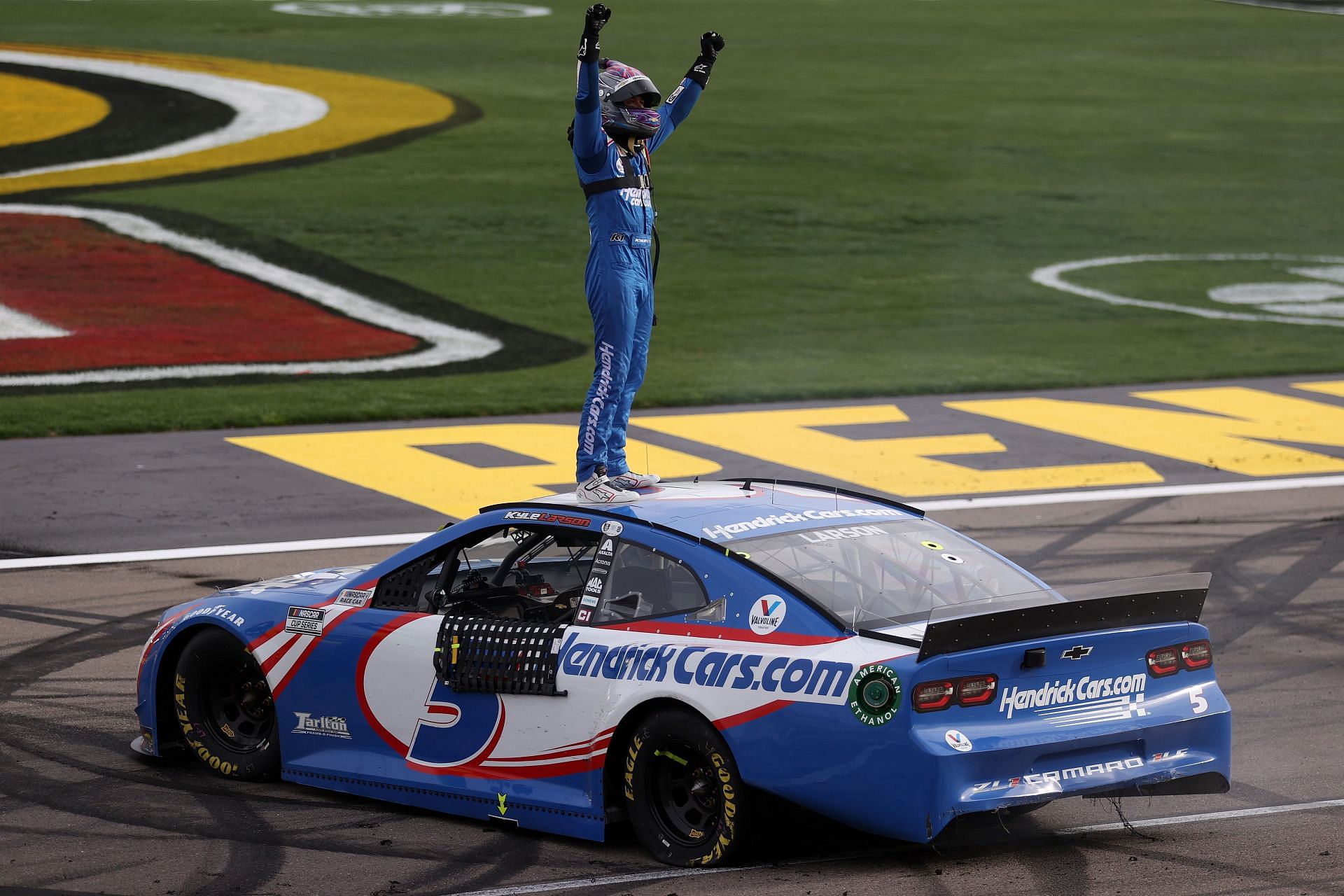 Larson celebrates a victory at the Pennzoil 400 presented by Jiffy Lube