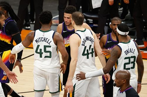 Devin Booker and the Phoenix Suns greet Donovan Mitchell and the Utah Jazz