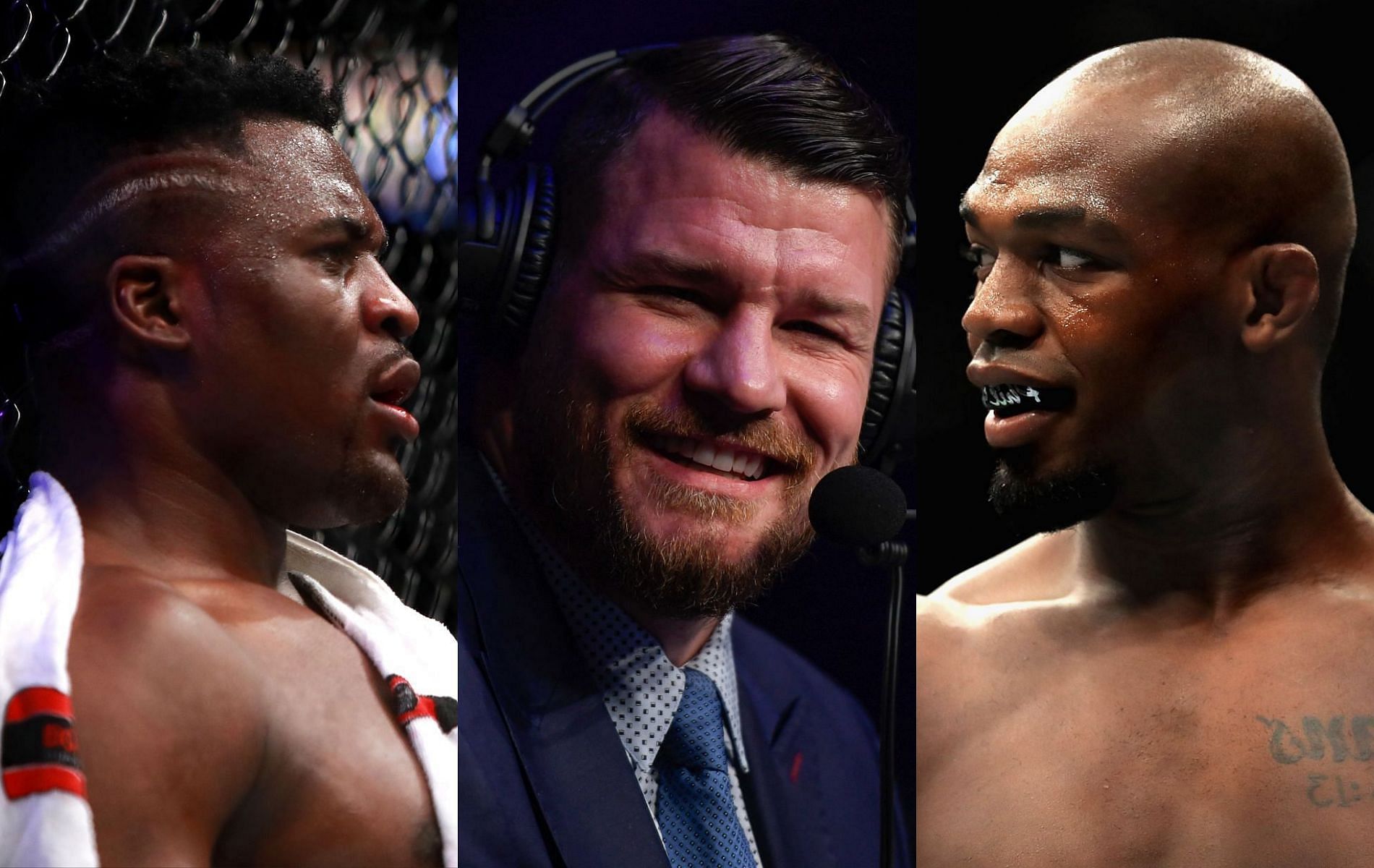 Francis Ngannou (left), Michael Bisping (center) &amp; Jon Jones (right)