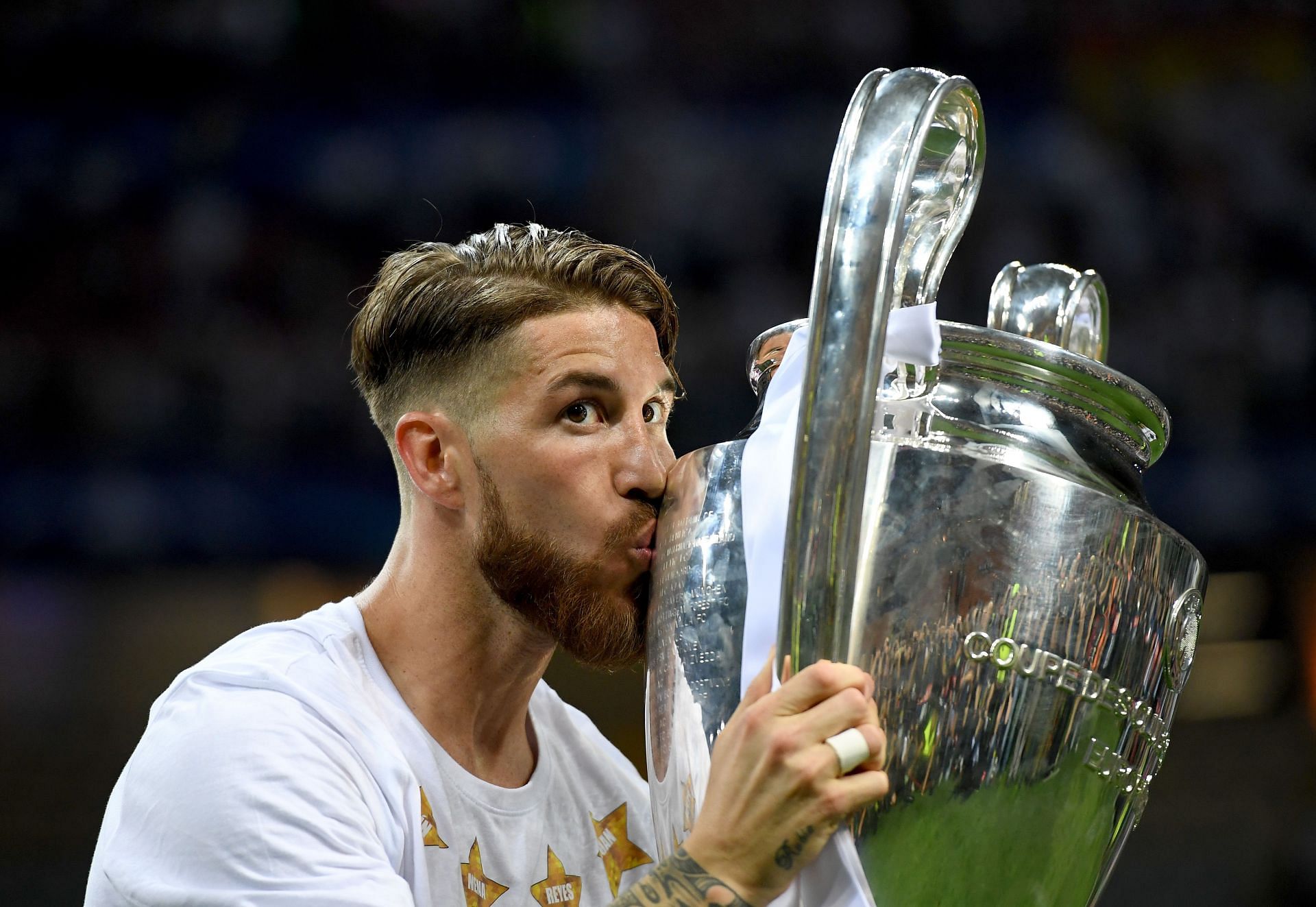 Sergio Ramos celebrates winning the UEFA Champions League against Atletico Madrid