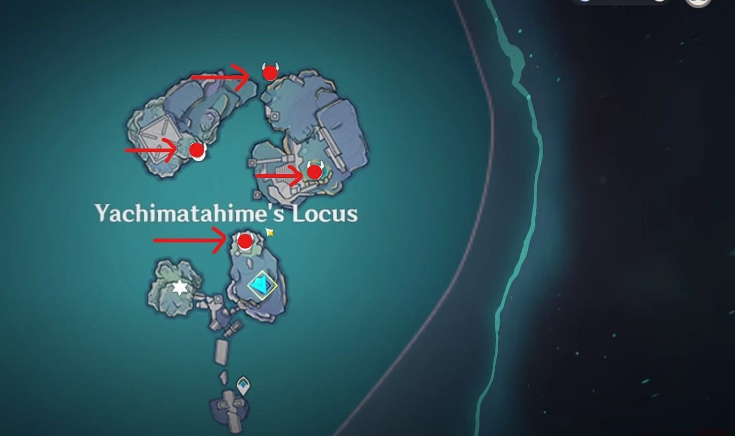 Location of four flames at Yachimatahime&#039;s Locus island (Image via Genshin Impact)