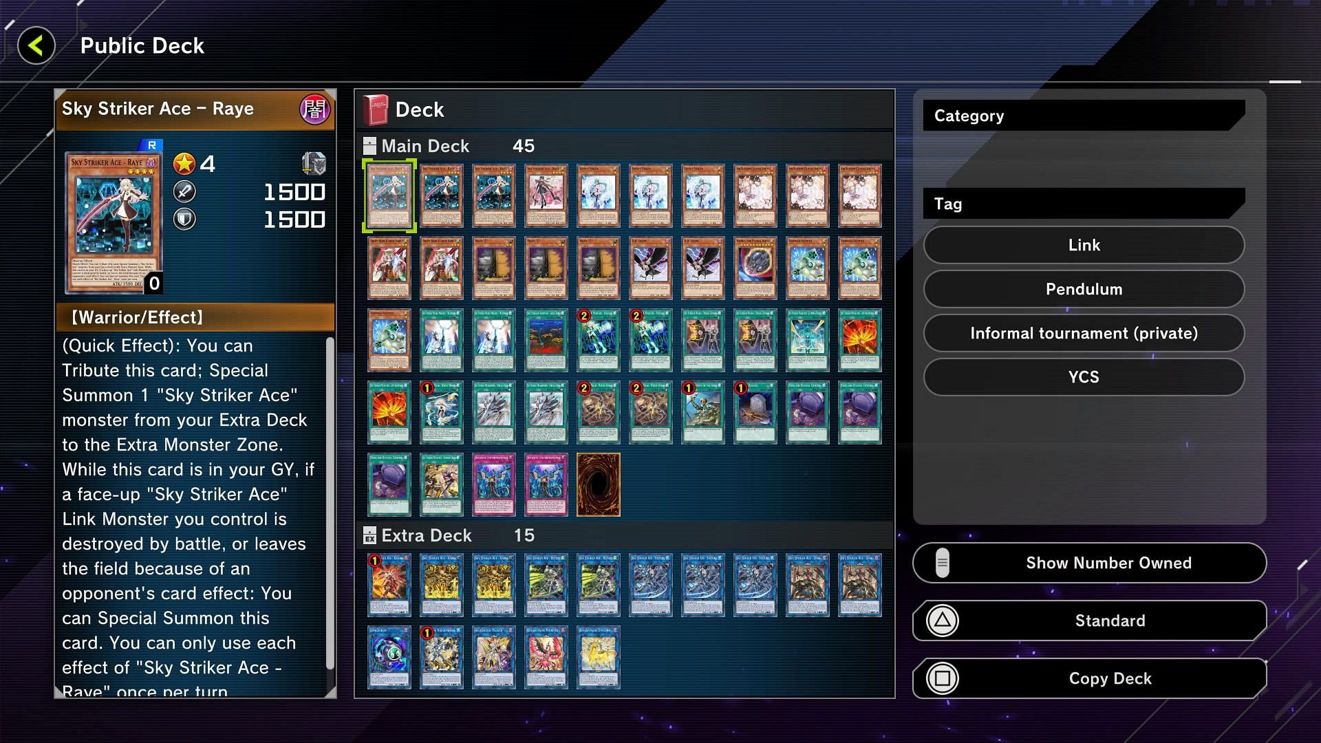A Sky Striker deck within Yu-Gi-Oh! Master Duel&#039;s public deck search (Image via Yu-Gi-Oh! Master Duel)