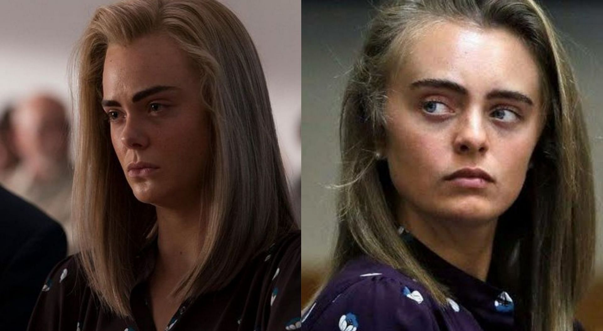 Elle Fanning (left) stars as Michelle Carter (right) in upcoming Hulu series &#039;The Girl from Plainville&#039; (Image via Hulu/Twitter and ellesthinker/Twitter)