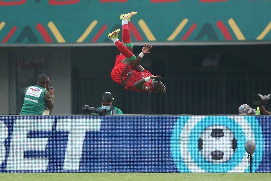 Gabadinho Mhango celebrates scoring for Malawi at the 2021 AFCON