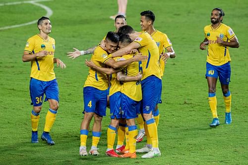 Kerala Blasters players celebrate during their match against Odisha FC. [Credits: ISL]