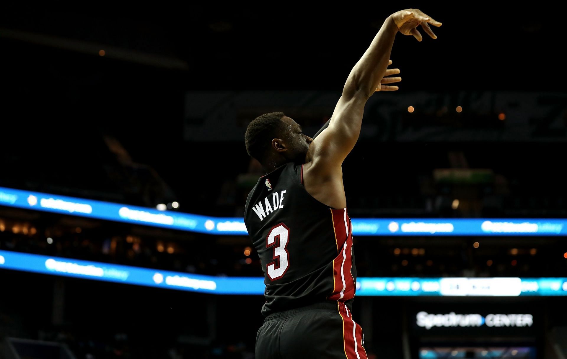 Dwyane Wade #3 of the Miami Heat shoots the ball against the Charlotte Hornets during their game at Spectrum Center on October 2, 2018 in Charlotte, North Carolina.