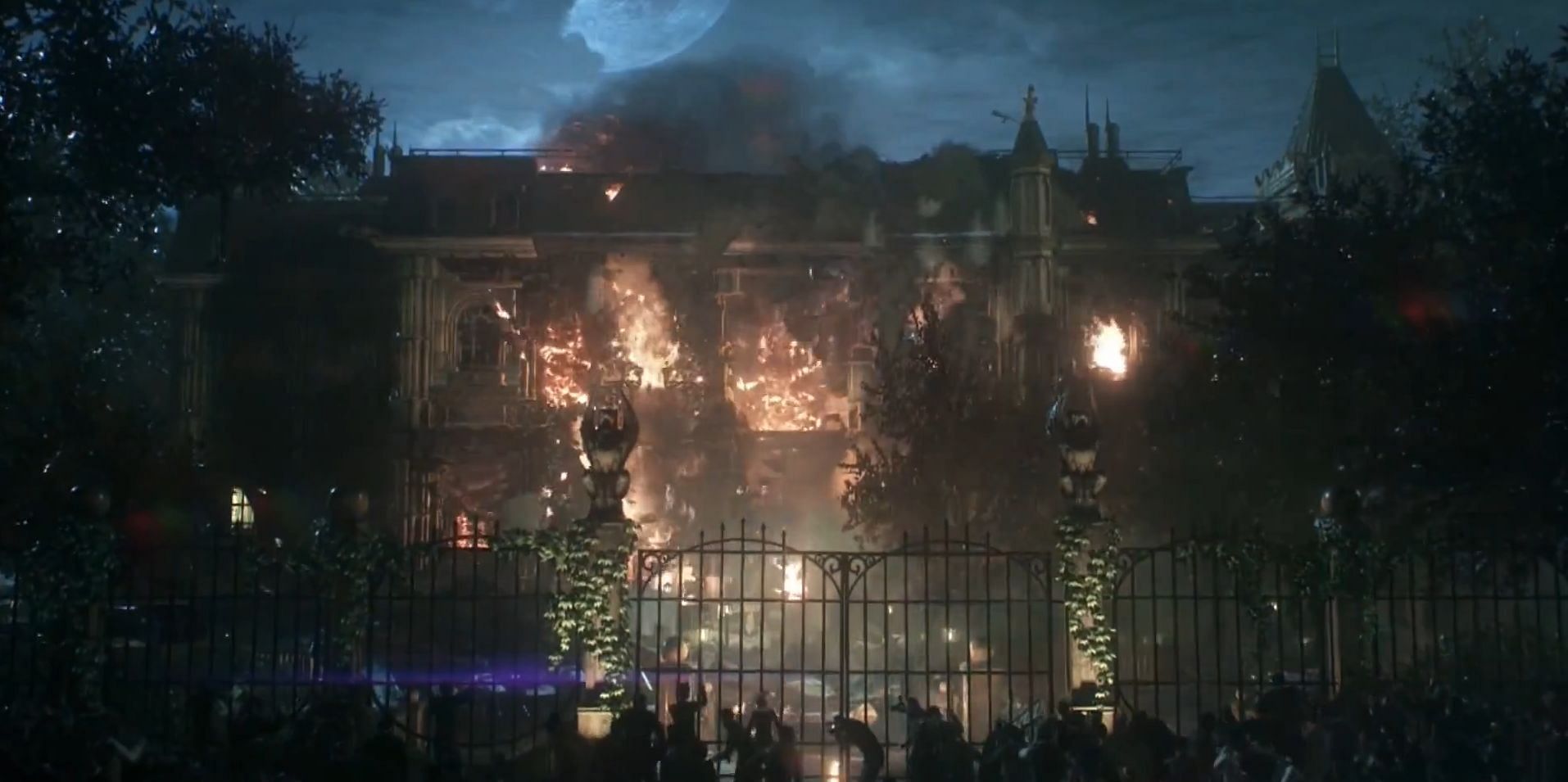 Wayne Manor after the Knightfall Protocol explosion (Image via Rocksteady Studios)
