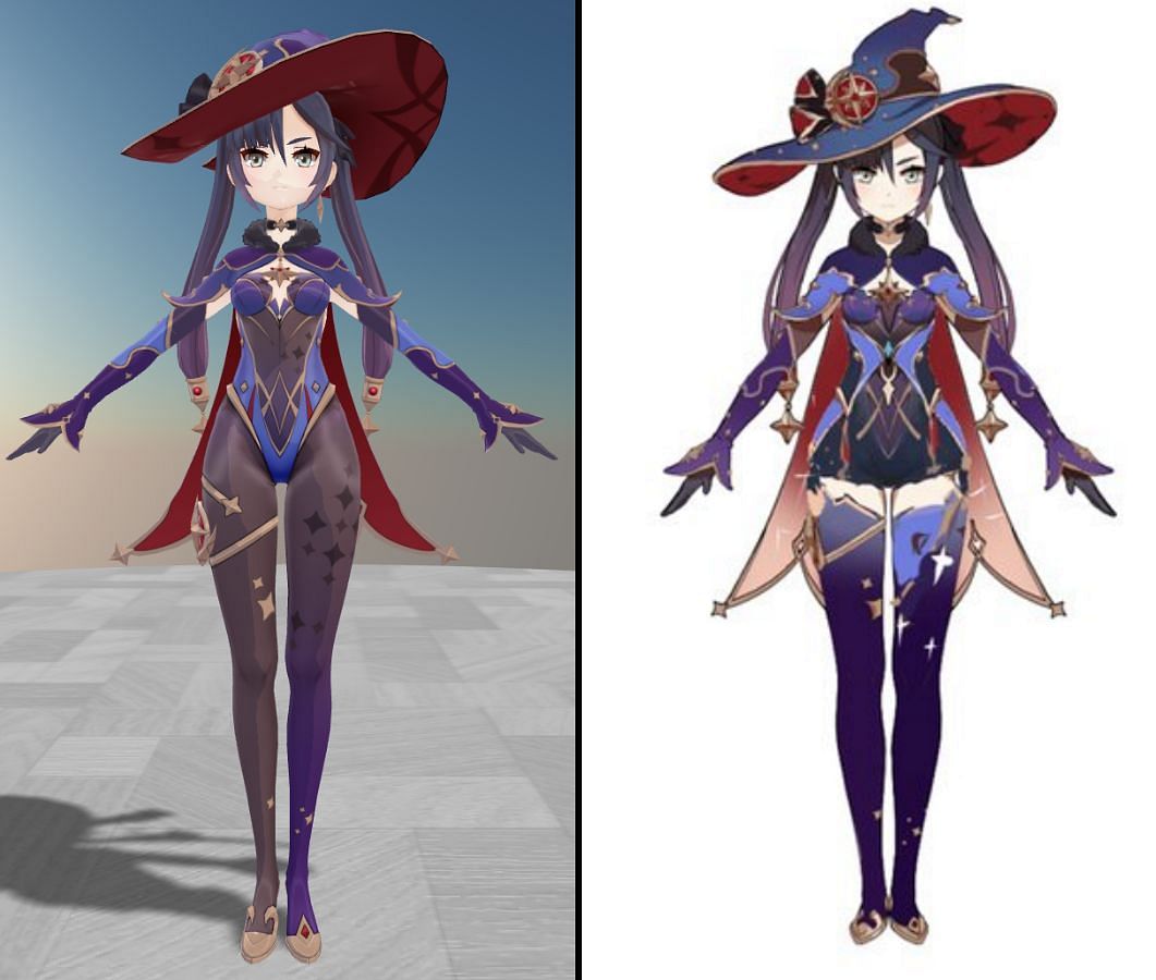 Mona&#039;s old 3D model is on the left, the supposed new outfit is on the right (Image via Genshin Impact)