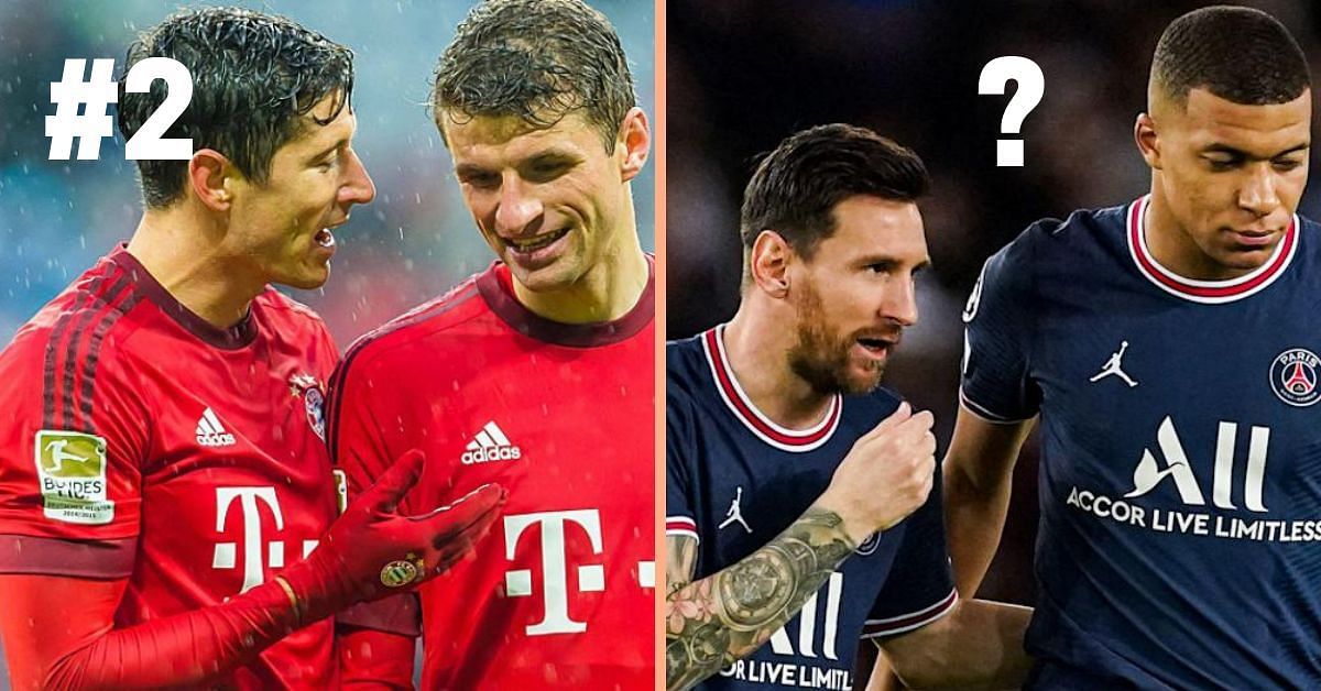 Robert Lewandowski and Thomas Muller of Bayern Munich and Lionel Messi and Kylian Mbappe of PSG