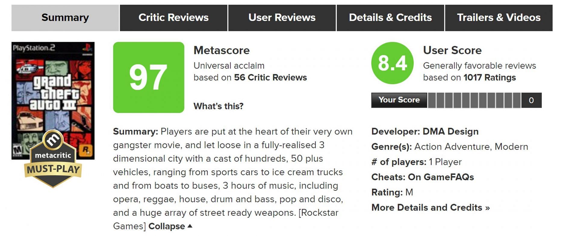 GTA 3 ended up becoming one of the most revolutionary video games of all time (Image via Metacritic)