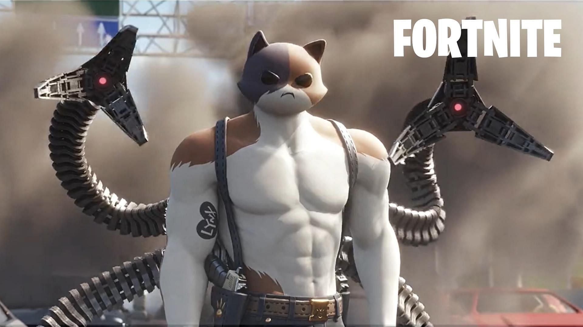 Players created a concept showing Doc Ock&#039;s arms on Meowscles from Fortnite (Image via Twitter/Feraalsy)