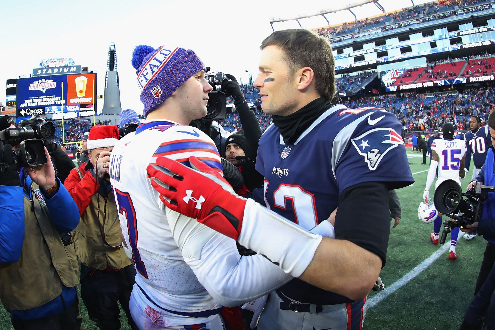 Brady and Allen greet each other after a 2018 battle between New England and Buffalo (Photo: Getty)