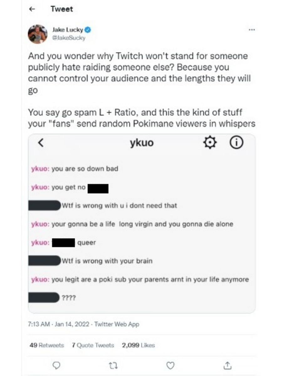 JiDion&#039;s chat sent distasteful messages to Pokimane&#039;s chat (Image via Jake Lucky/Twitter)