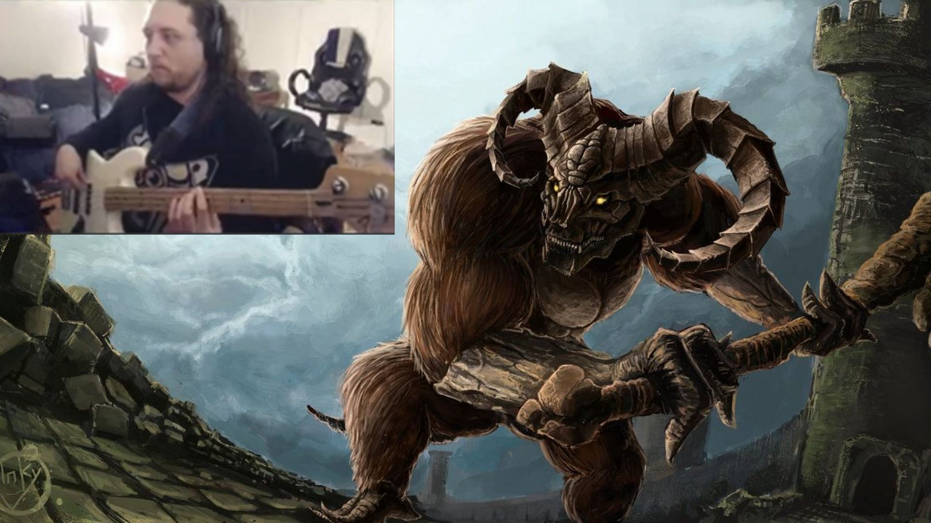 Sonicite playes Dark Souls using an electric bass as controller (Image via Twitch and Pintrest)