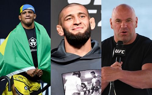 Gilbert Burns (left); Khamzat Chimaev (center); Dana White (right)