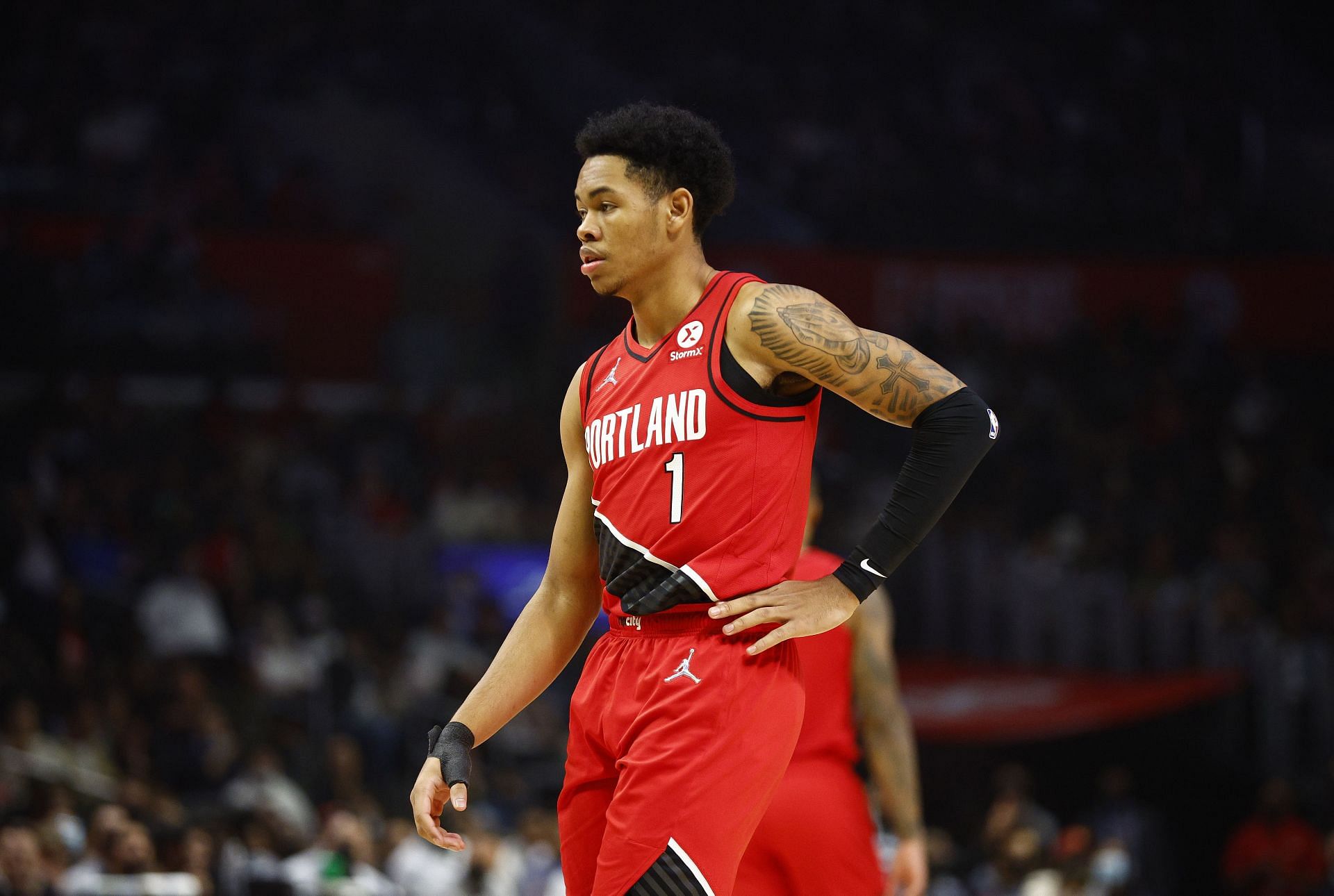 Anfernee Simons of the Portland Trail Blazers scores 43 points against the Hawks