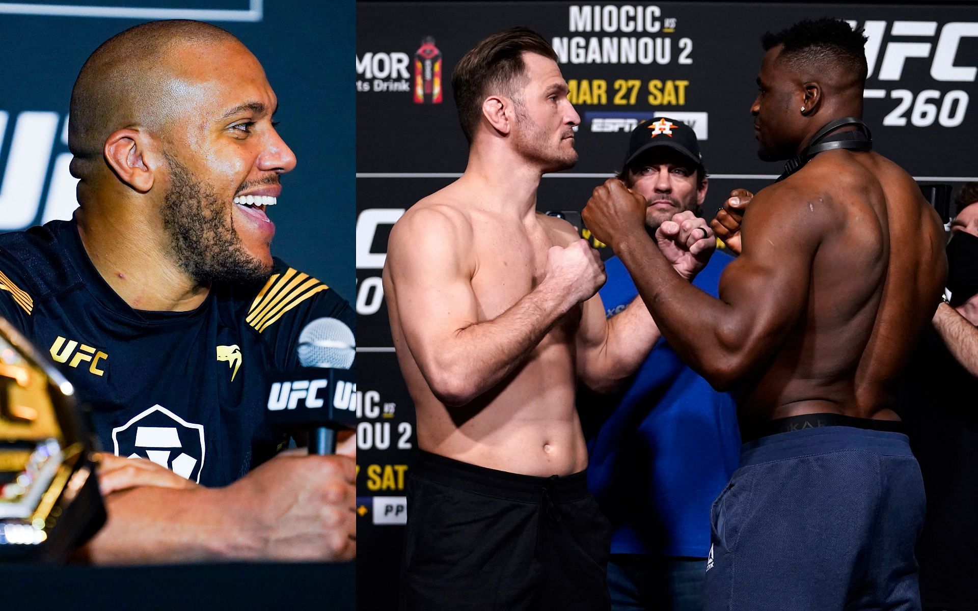 Ciryl Gane at the UFC 265 post-fight press conference (left) and Stipe Miocic with Francis Ngannou at the UFC 260 official weigh-in ceremony (right)