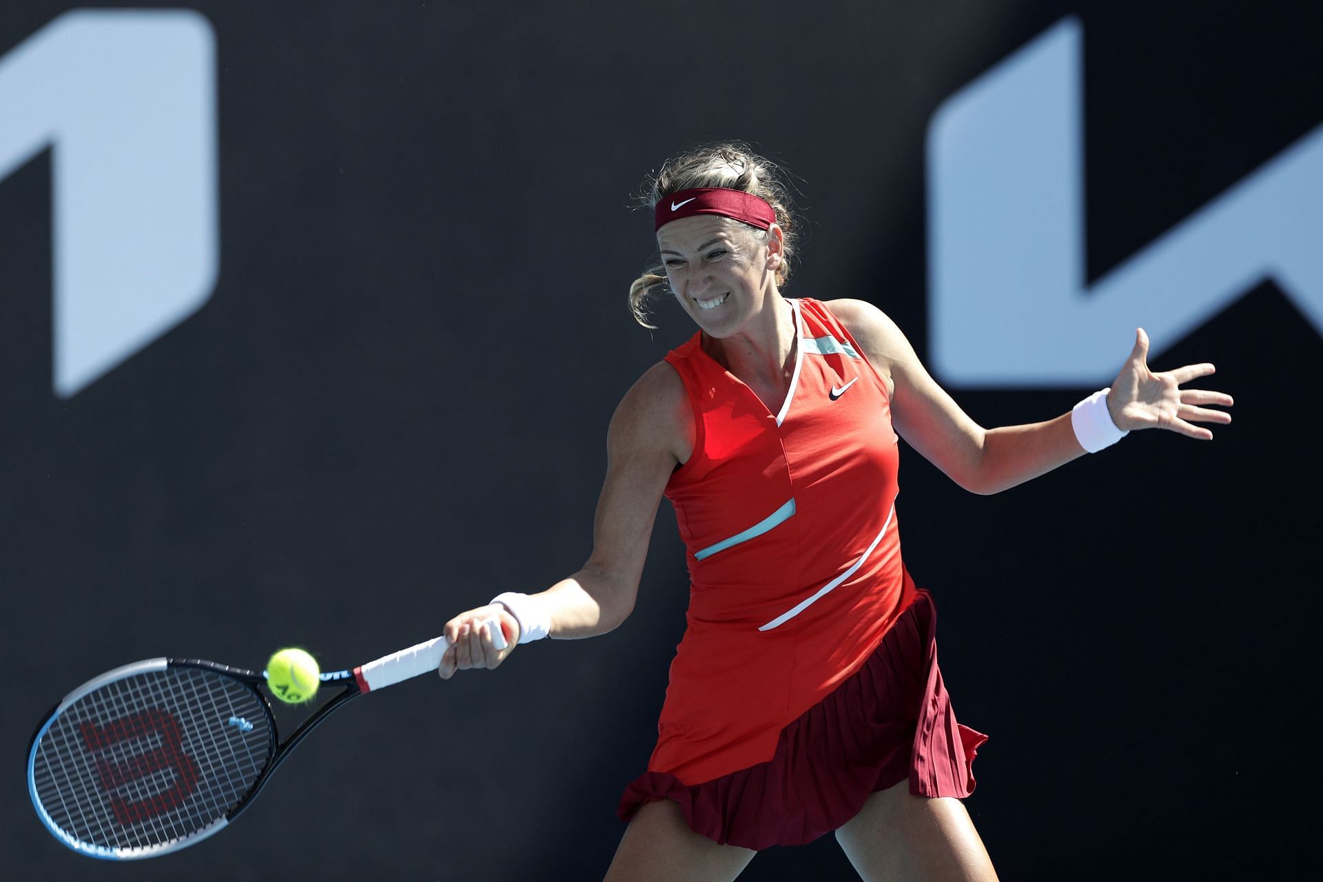 Victoria Azarenka plays a forehand at the 2022 Australian Open