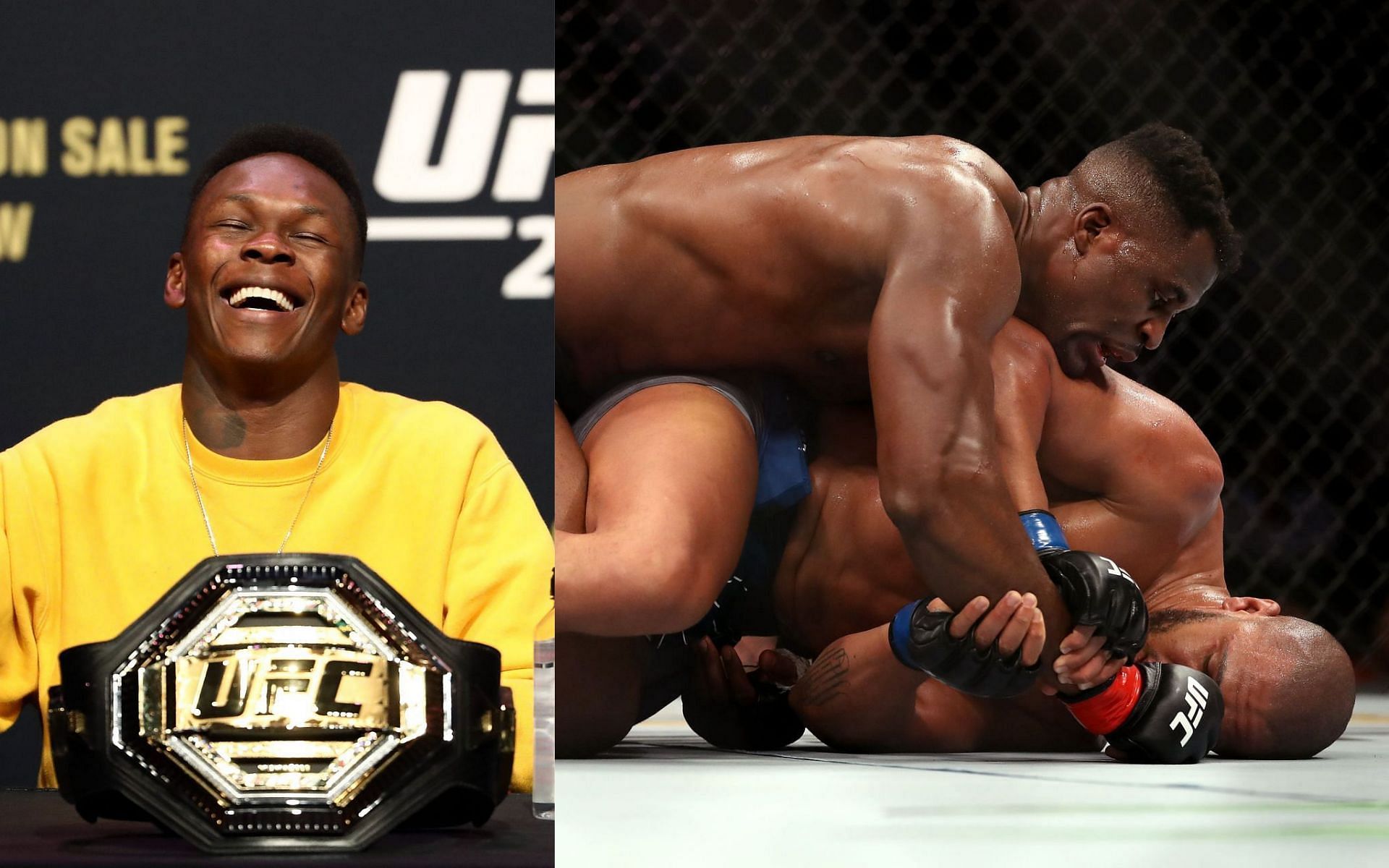 Israel Adesanya(left); Francis Ngannou vs Cyril Gane at UFC 270(right)