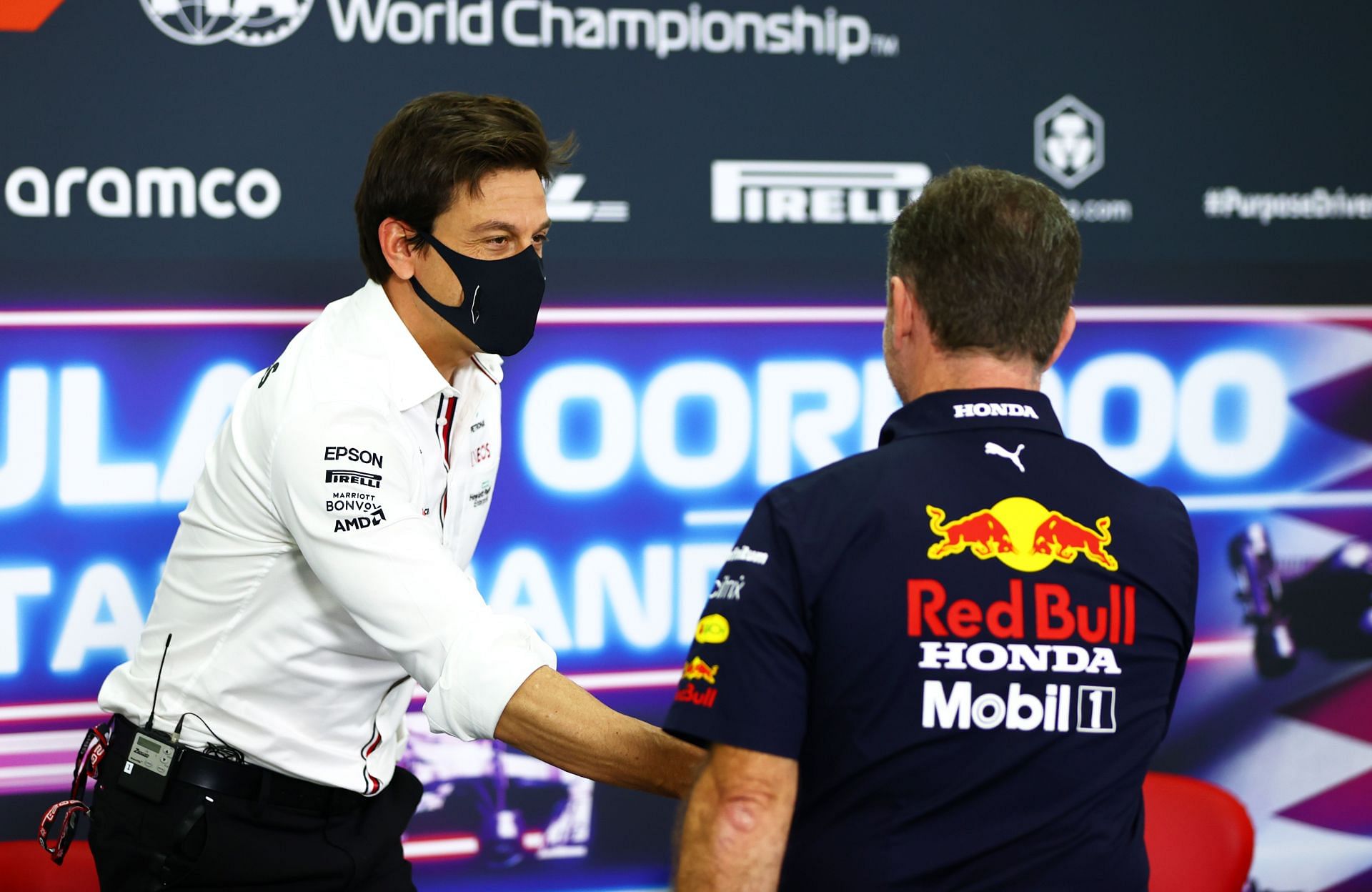 Toto Wolff (left) and Christian Horner (right) during the Press Conference at the 2021 Qatar GP