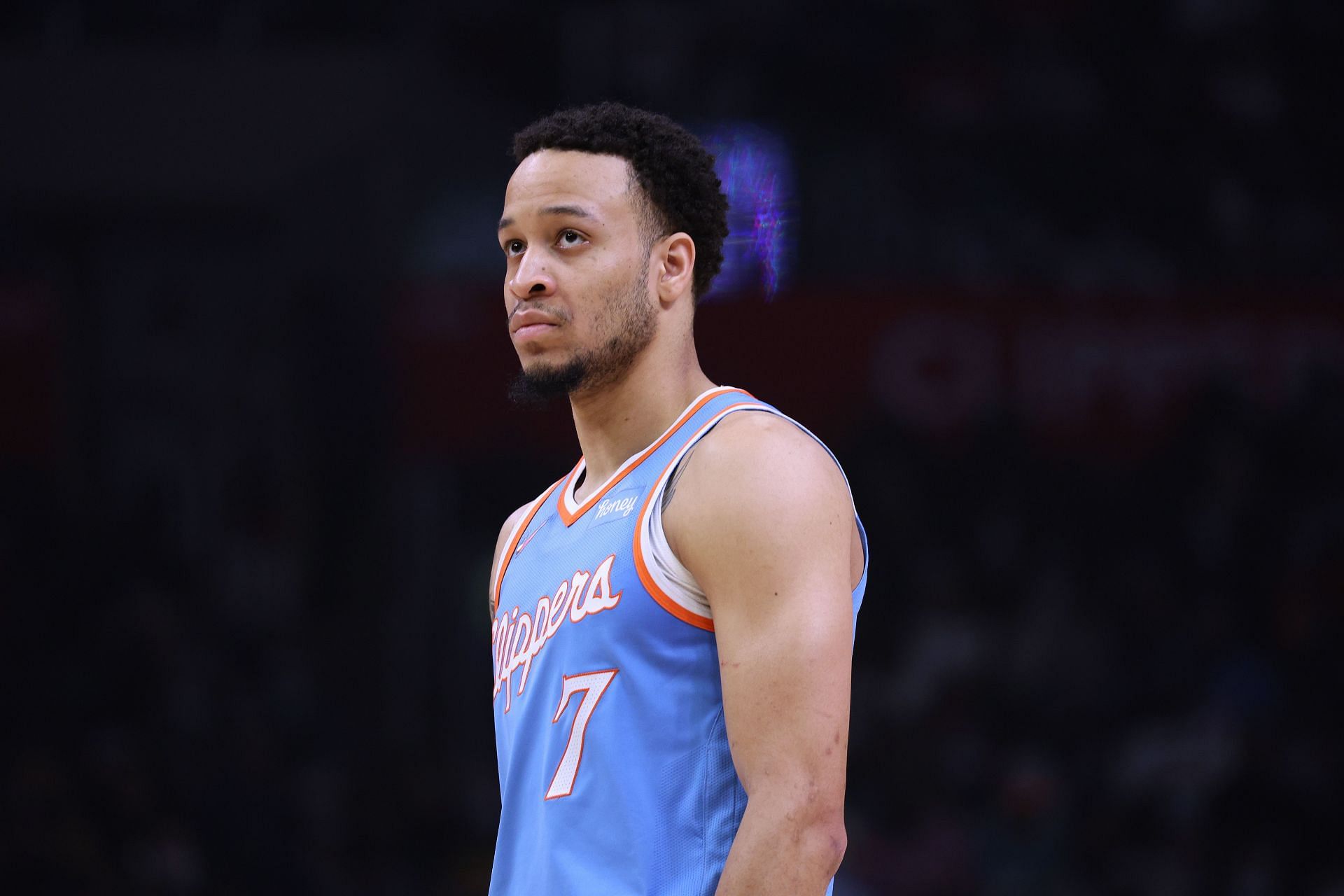 Amir Coffey looks on during an LA Clippers game.