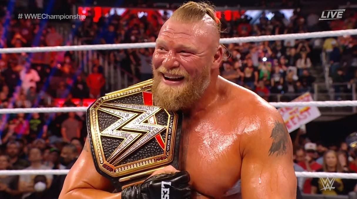 Brock Lesnar is all smiles after winning the WWE Championship