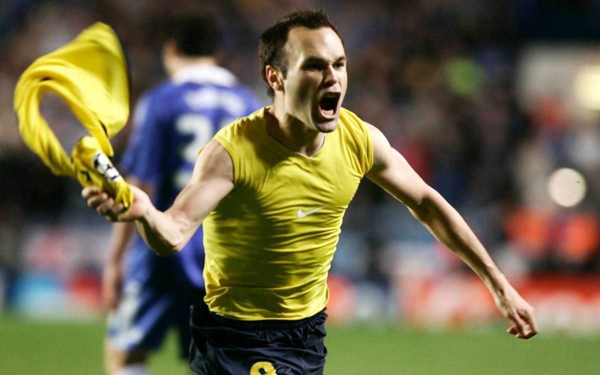 Andres Iniesta celebrates after scoring against Chelsea in the UEFA Champions League.