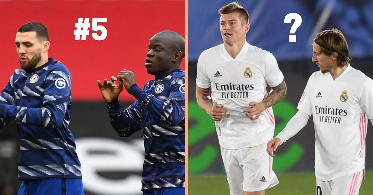 Mateo Kovacic and N&#039;Golo Kante of Chelsea and Toni Kroos and Luka Modric of Real Madrid