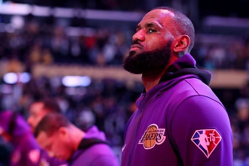 LeBron James #6 of the Los Angeles Lakers looks on.