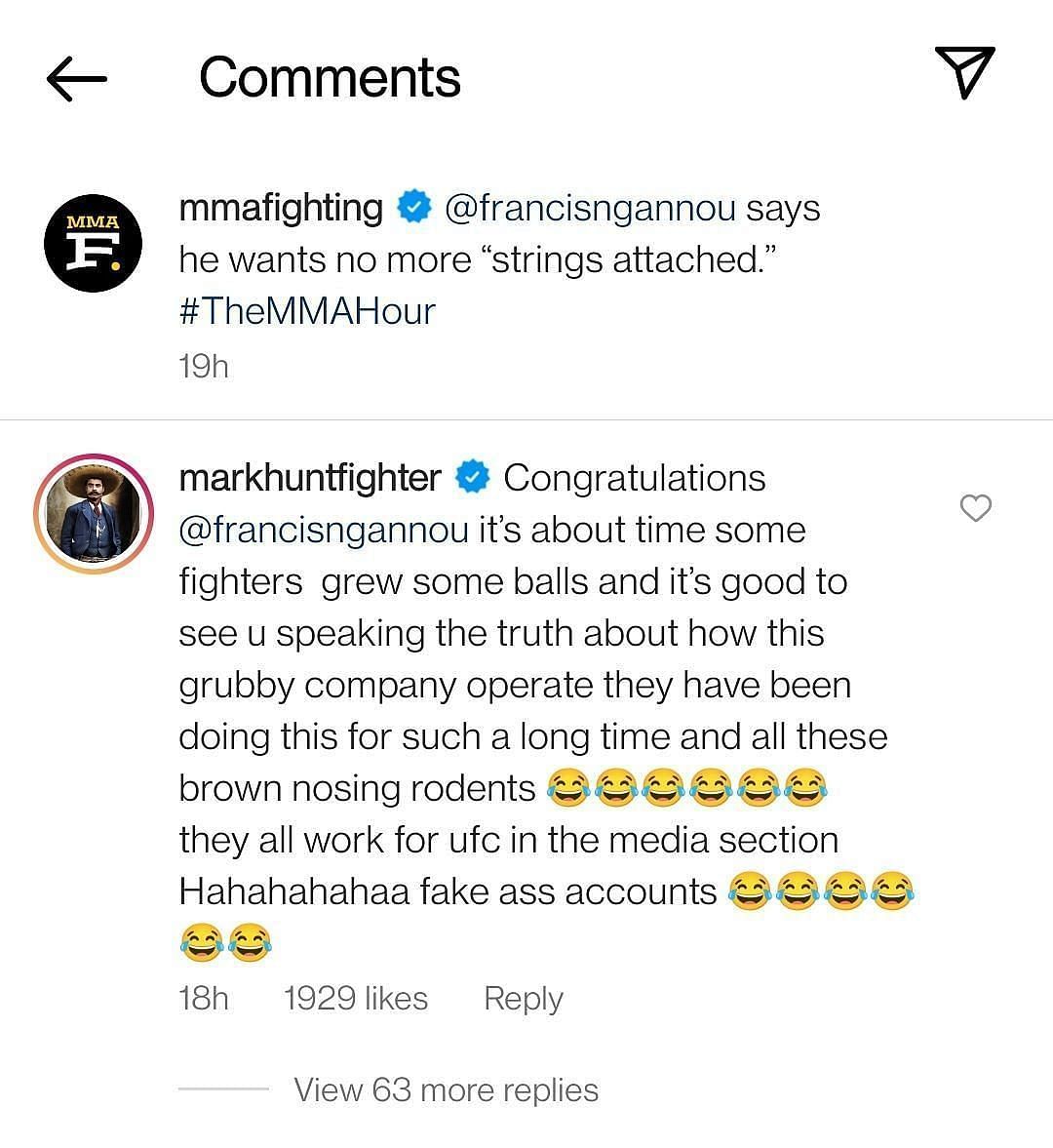 Mark Hunt&#039;s comment on the MMA Fighting Instagram post