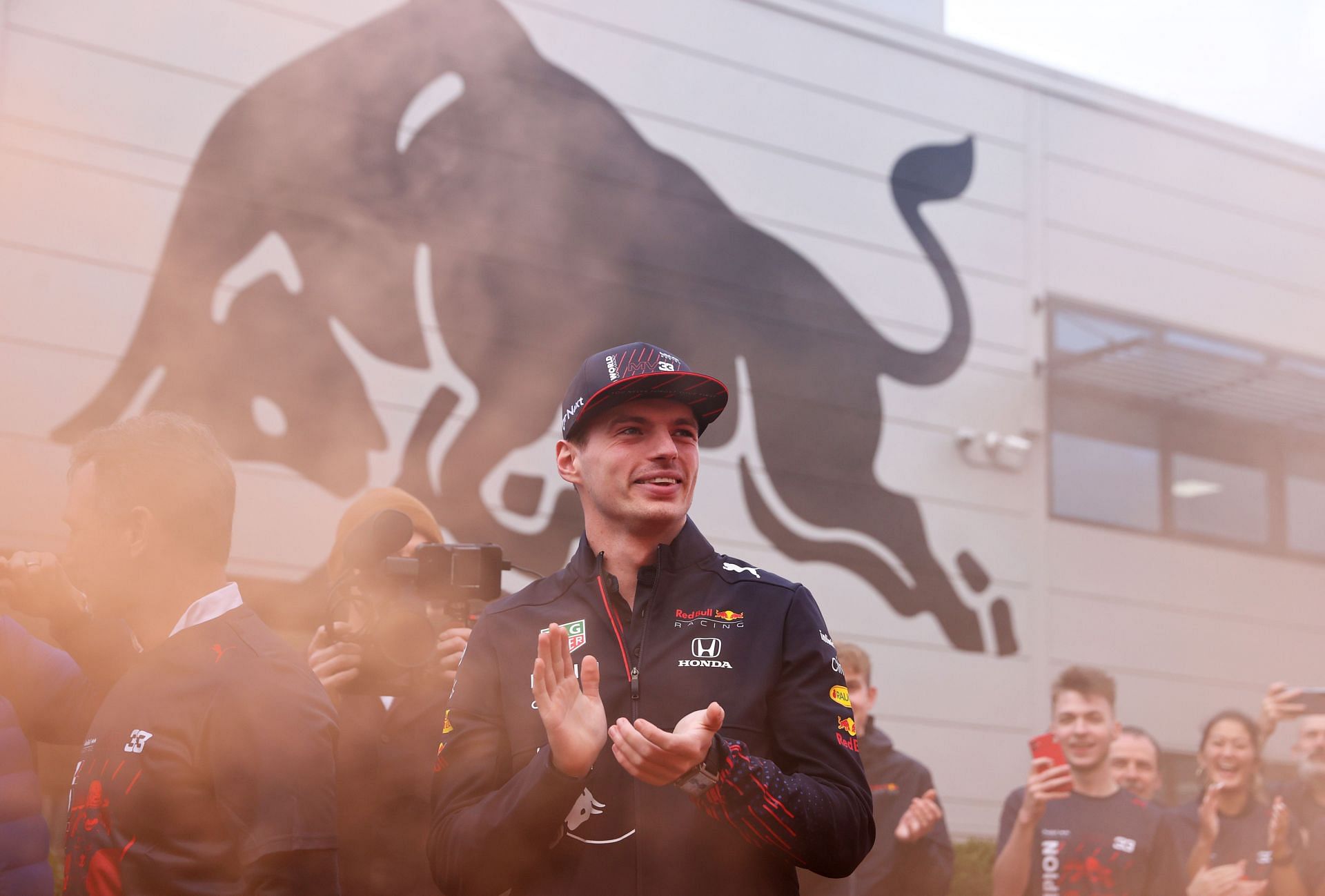Max Verstappen celebrates at the Red Bull factory in Milton-Keynes.