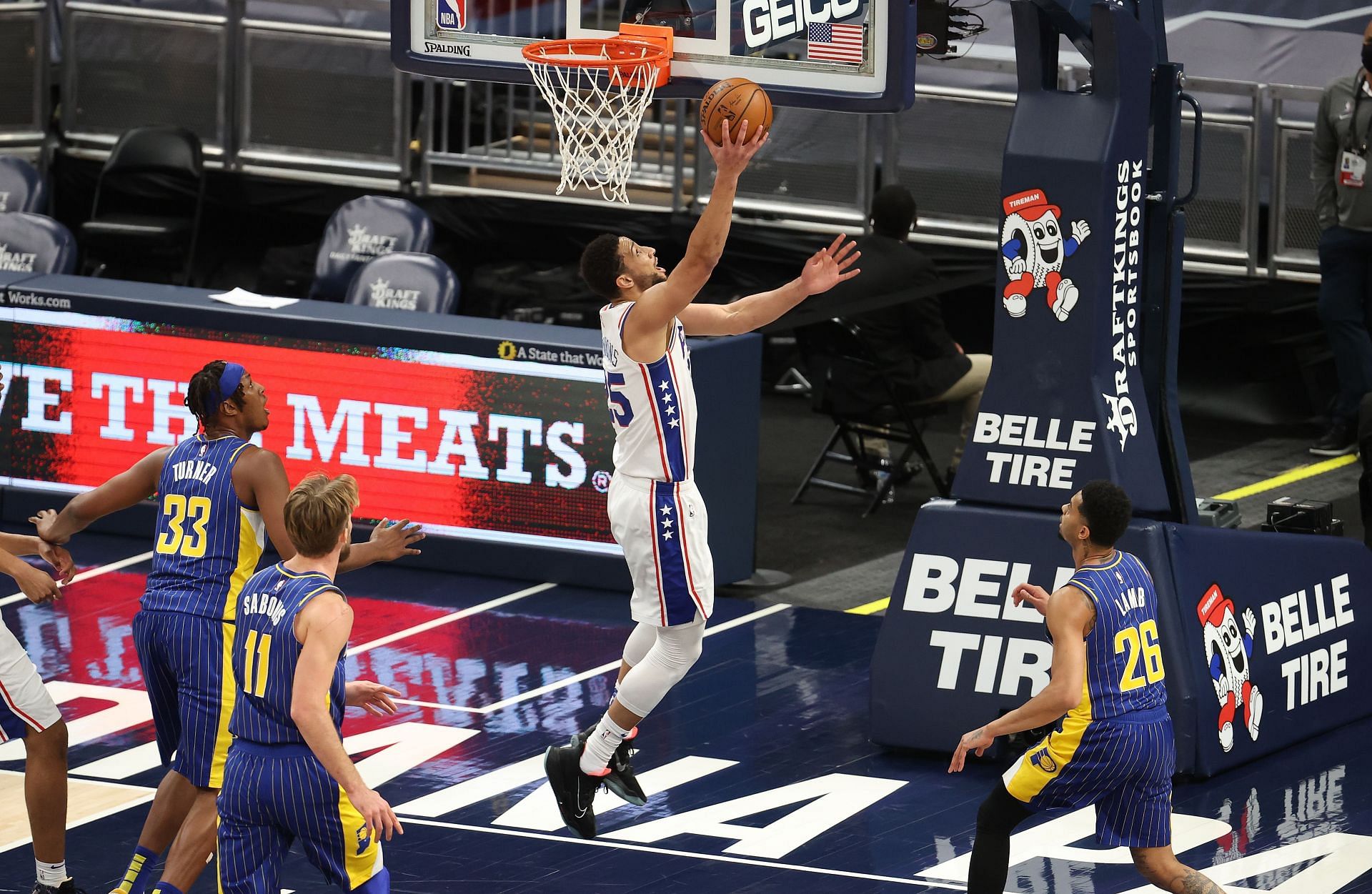 Ben Simmons #25 of the Philadelphia 76ers shoots the ball against the Indiana Pacers