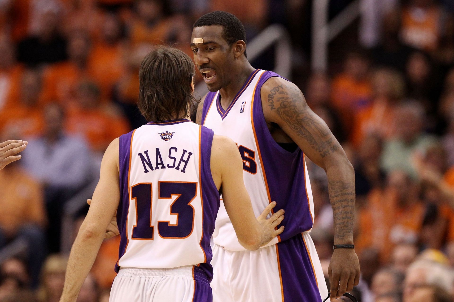 Amar&#039;e Stoudemire #1 and Steve Nash #13 of the Phoenix Suns in 2010.