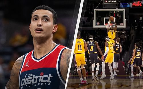 Kyle Kuzma reacts to Los Angeles Lakers forward LeBron James' impressive slam 