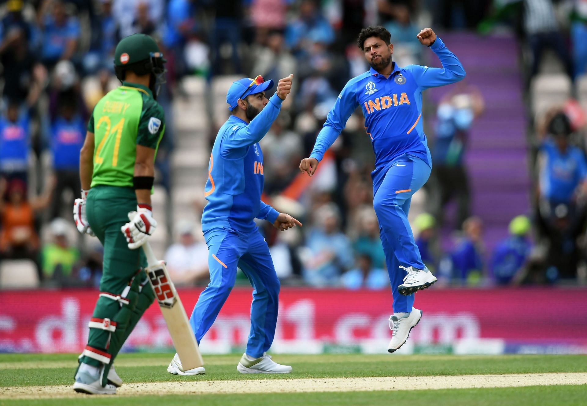 Kuldeep Yadav is ecstatic after taking a wicket. Pic: Getty Images