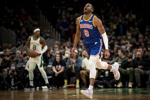 Andre Iguodala #9 of the Golden State Warriors reacts during the second half against the Boston Celtics at TD Garden on December 17, 2021 in Boston, Massachusetts.