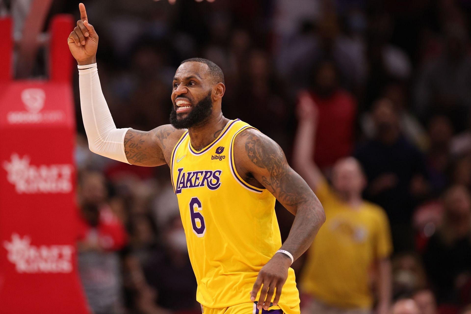 LeBron James #6 of the Los Angeles Lakers reacts to a call during the second half against the Houston Rockets at Toyota Center on December 28, 2021 in Houston, Texas.