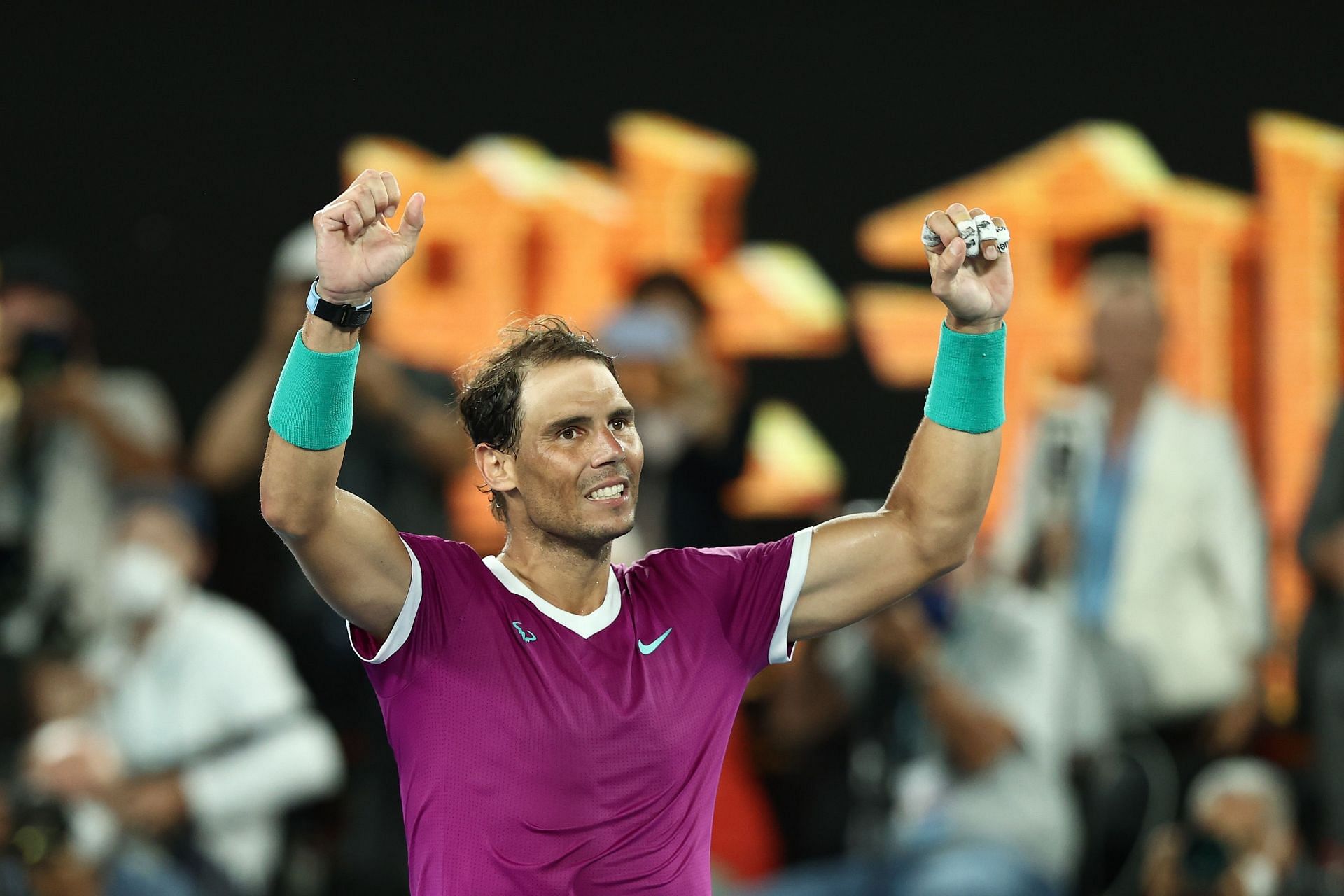 Rafael Nadal reacts after wining his semifinal match at the 2022 Australian Open
