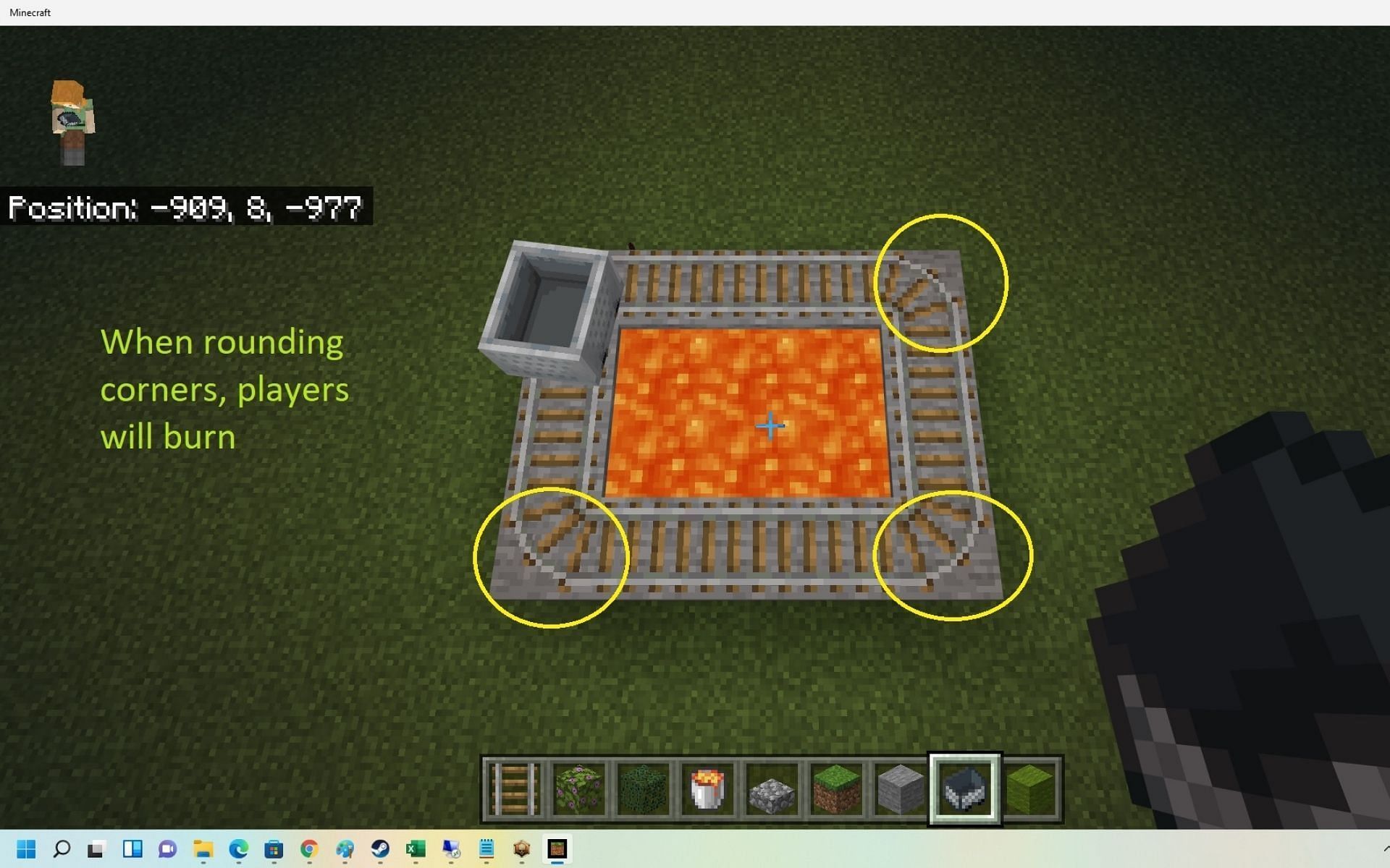 Players catching fire when in a minecart on a rounding corner (Image via Mojang)