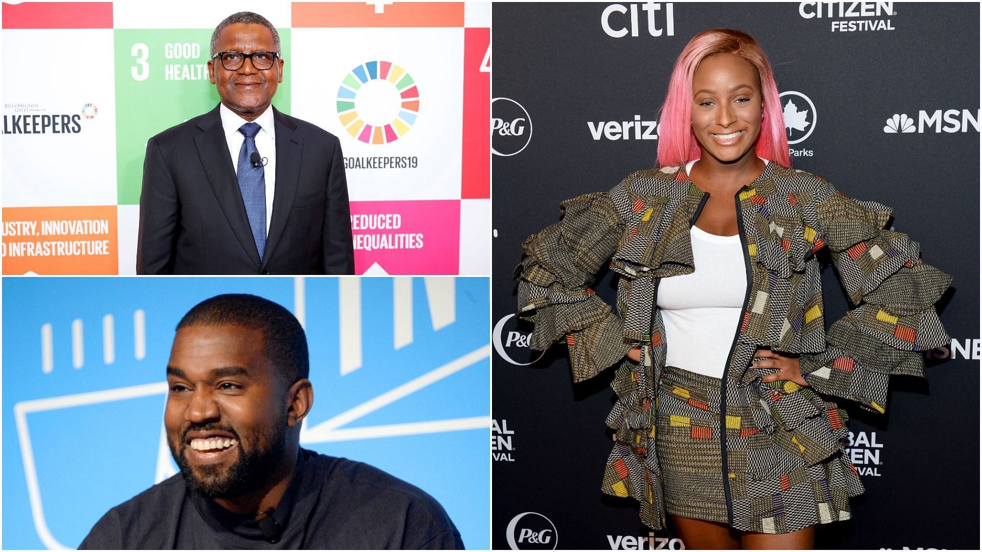 DJ Cuppy called her godfather Aliko Dangote the richest black man instead of Kanye West (Images via Noam Galai/Christopher Farber/Brad Barket/Getty Images)