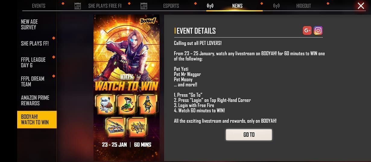 The &ldquo;Booyah! Sign Up&rdquo; section in the News tab (Image via Free Fire)