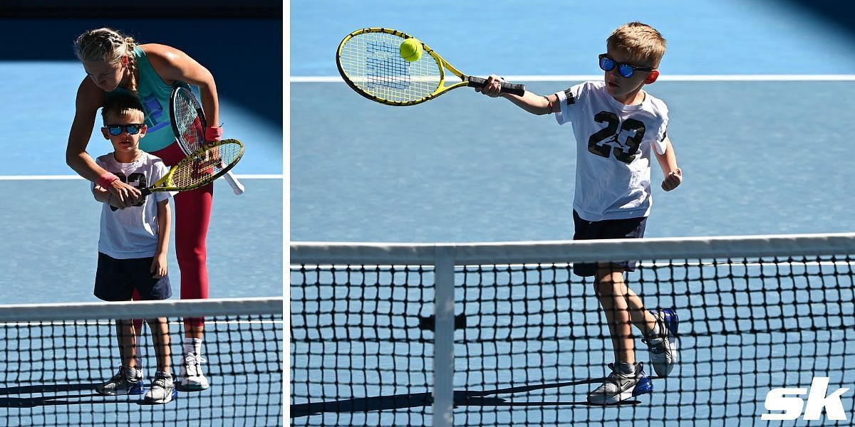 Victoria Azarenka watches her son Leo play tennis ahead of the 2022 Australian Open