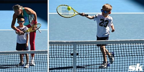 Victoria Azarenka watches her son Leo play tennis ahead of the 2022 Australian Open