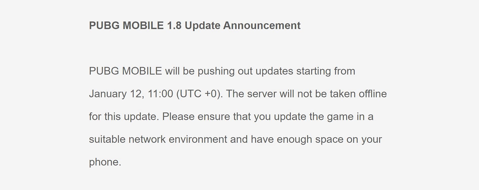Expected time of arrival of the 1.8 update (Image via Krafton)