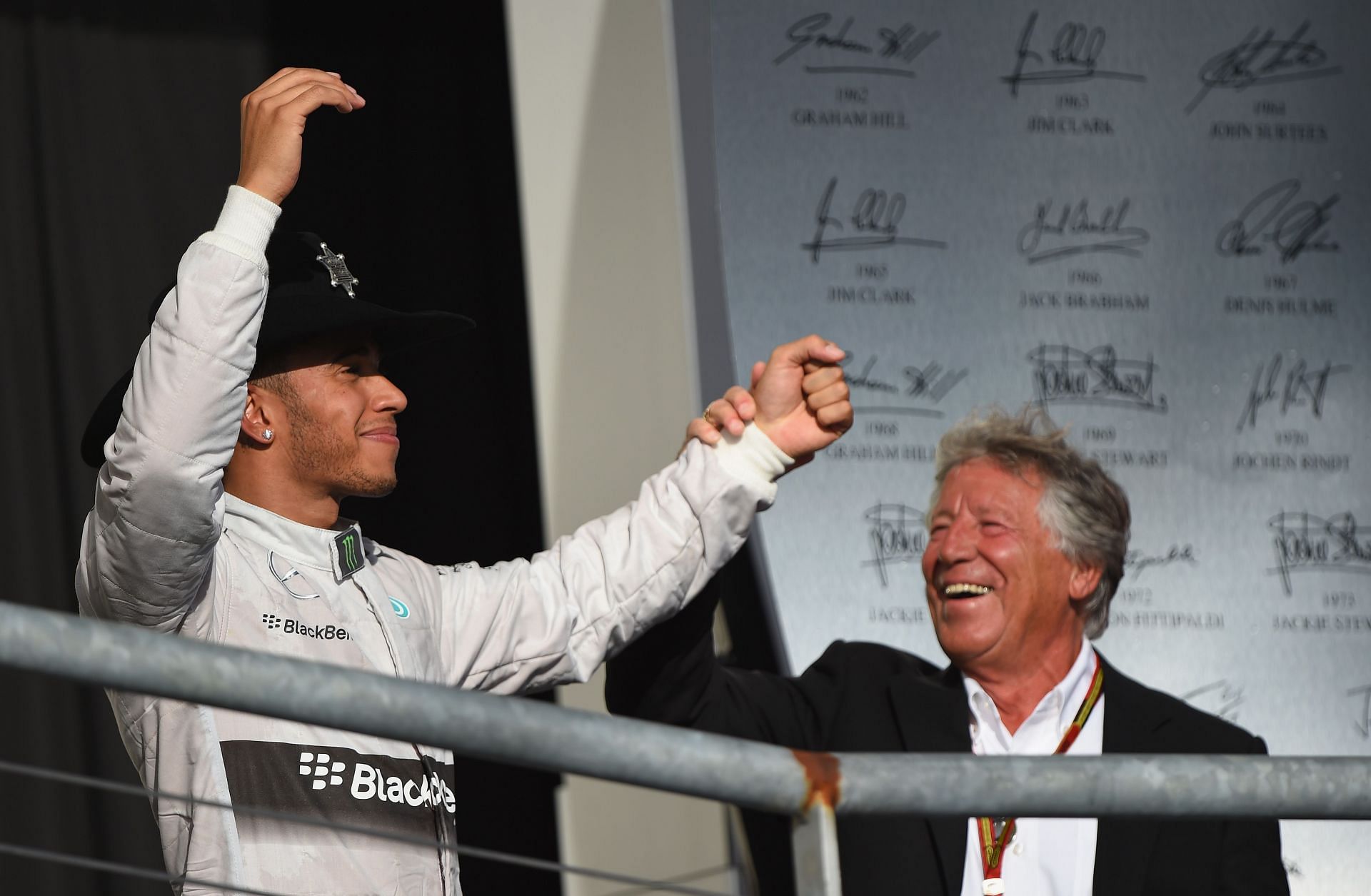 F1 Grand Prix of USA - Hamilton celebrates with Andretti
