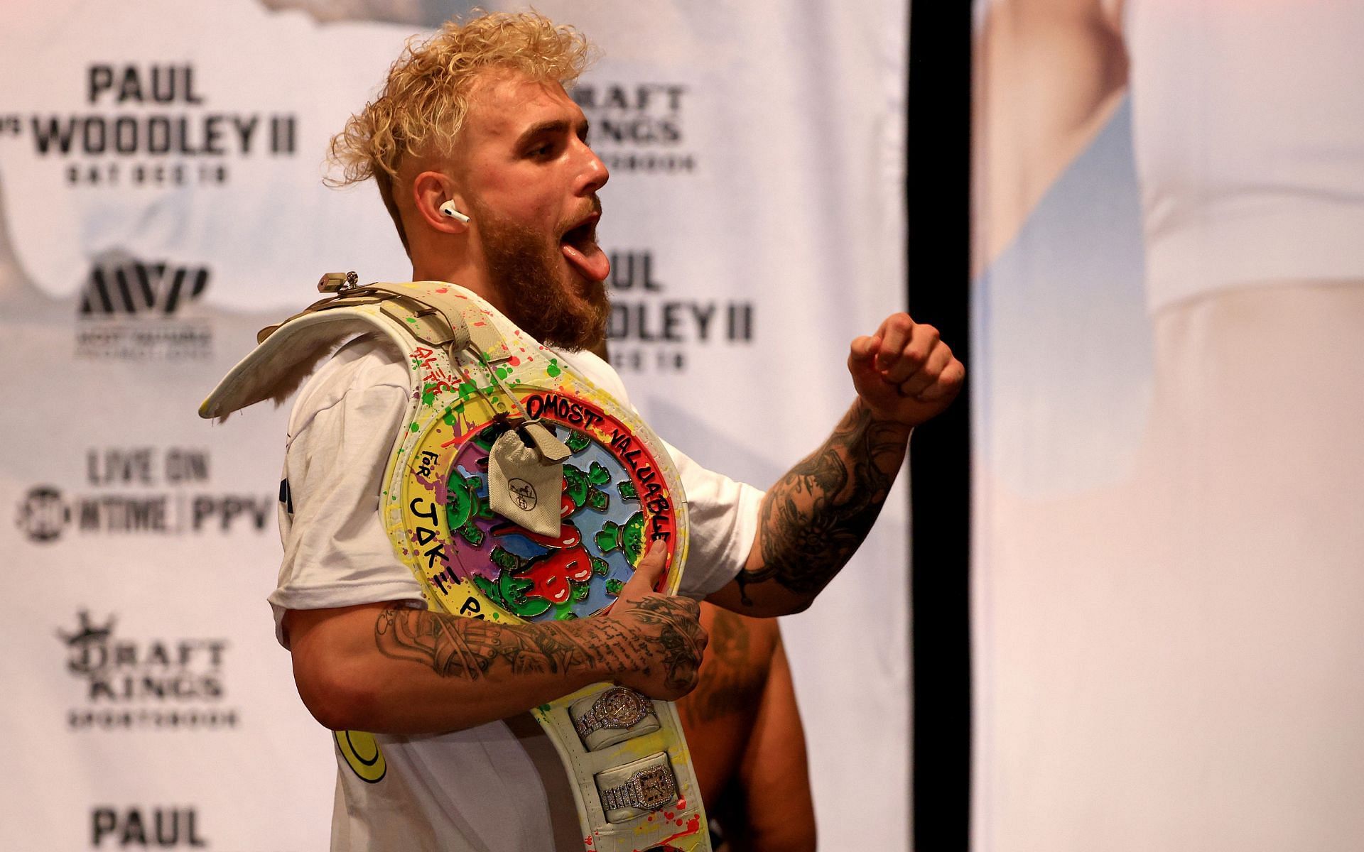 Jake Paul poses during the official weigh-in ceremony ahead of his second fight with Tyron Woodley in December last year